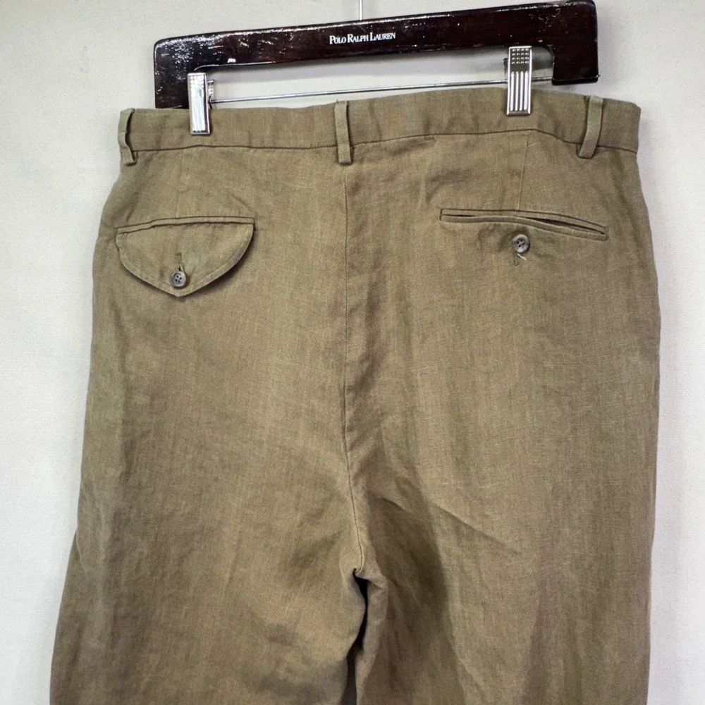 Polo Ralph Lauren Pants 32x26 Brown/Green Pleated 100% Linen Cuffed Old Money